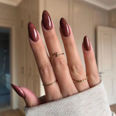 Autumn Leaf Brown Dip Powder For Nails showcasing a rich brown manicure with red undertones and subtle shimmer.