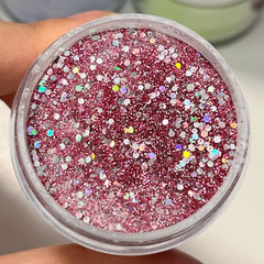 Glitter Crush dip powder in rose pink with chunky and fine glitters