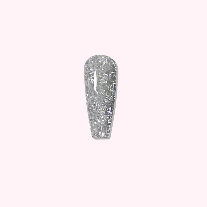 Silver Spark dip powder applied on nails, showing vibrant glitter shine