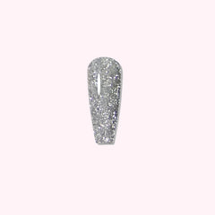 Silver Spark dip powder applied on nails, showing vibrant glitter shine