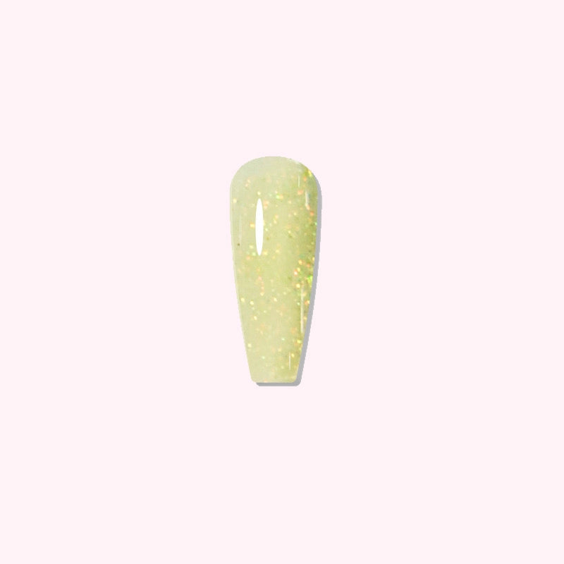 Golden Dusk dip powder applied on nails, showing soft yellow with scattered gold glitter