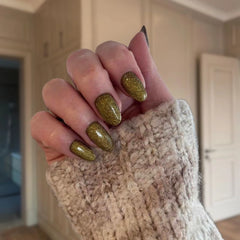 Golden Glittery Dip Powder for Nails with Autumn Leaves Effect for Elegant Nail Art