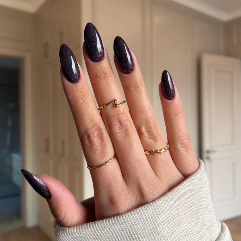 Glittering effect of Metallic Chestnut Red Dip Powder, perfect for glamorous nails.