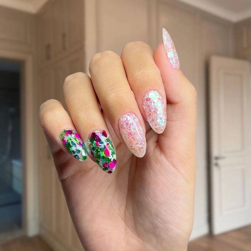 Multicolor Glitter nails with a vibrant mix of colorful glitter creating a sparkling, eye-catching effect.