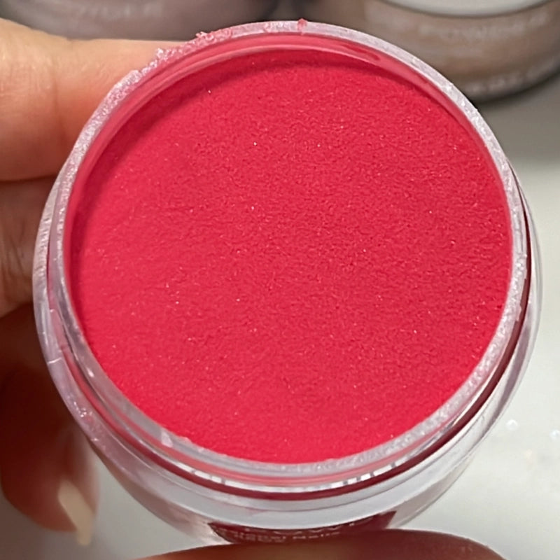 Scarlet Red Soft Shimmer dip powder jar for nails with elegant subtle sparkle