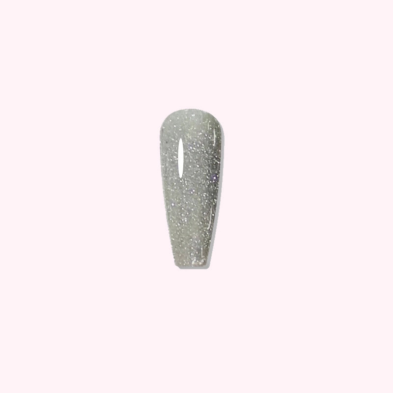 Silver Glimmer dip powder applied on nails, showcasing its dazzling sparkle