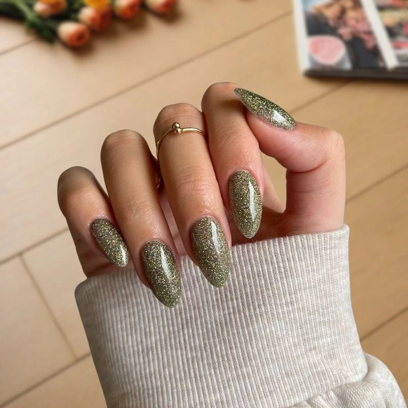 Soap Green with Sparkle nails creating a soft, shimmering finish with a calming green tone.
