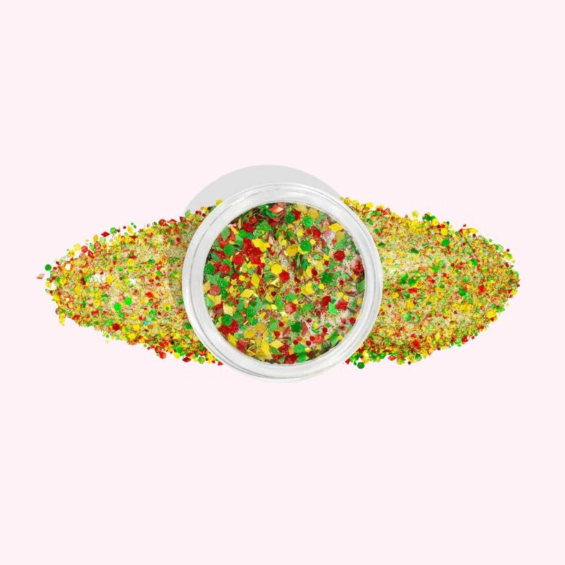 Golden Christmas Glitter dip powder for nails with vibrant red, green, and yellow glitters for a festive and sparkling manicure.