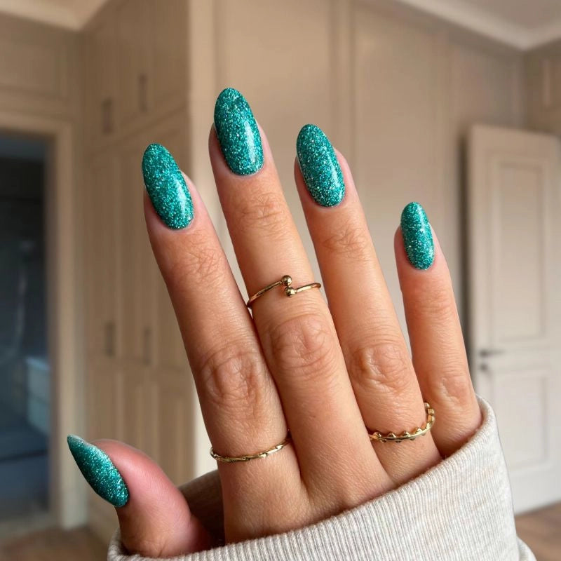 Turquoise Green Dip Powder For Nails showcasing a fresh blue-green manicure with a soft shimmer, ideal for DIY beauty lovers.