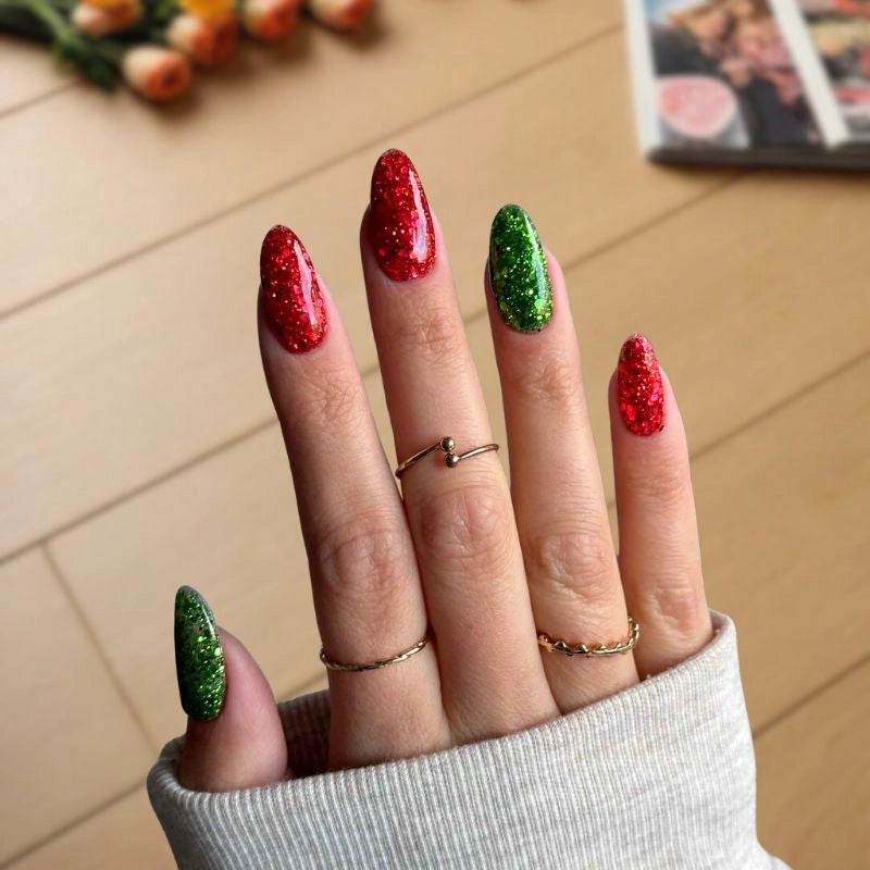 Glittering Christmas Red Dip Powder Nail Art - Perfect for Sparkling Holiday Manicures