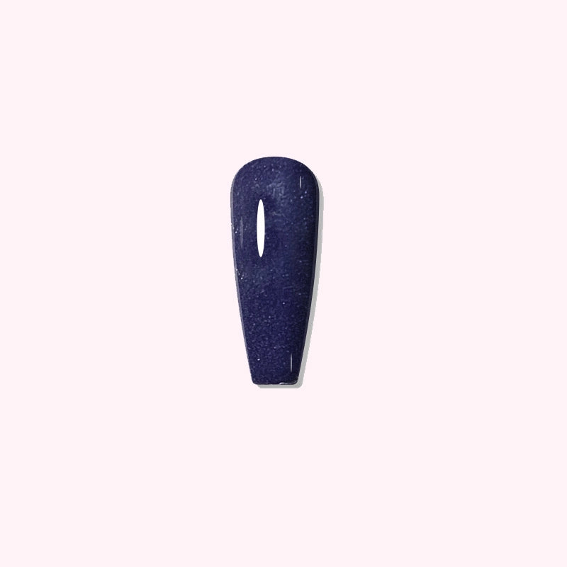 Starry Veil dip powder applied on nails, featuring scattered fine shimmer on a dark blue base