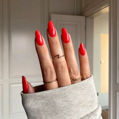 DIY Red Tangerine Dip Powder Manicure – Bold, vibrant nails with a striking red-orange finish.