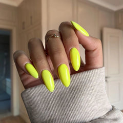 DIY manicure with Vibrant Yellow Dip Powder For Nails creating bright, salon-quality nails at home.